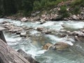Landscape of a fast flowing river with large stones in it in the middle of a forest Royalty Free Stock Photo