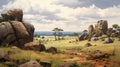 Spectacular Vray Painting Of African Savanna With Sharp Boulders And Rocks