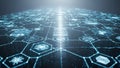 Landscape featuring a network of hexagonal patterns with glowing blue Royalty Free Stock Photo