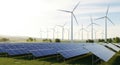 Rows of solar panels and wind turbines in a field under a bright sky isolated on white background Royalty Free Stock Photo