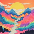 Psychedelic Mountain River: A Vibrant Neo-pop Illustration Of Himalayan Art