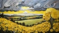 Multilayered Paper Art Collage: Yellow Flowers And Stormy Skies