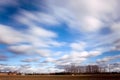 landscape with field and bleak small wood and white clouds blurred, drifting Royalty Free Stock Photo