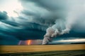 Landscape with a field and a dangerous tornado and lightning in the sky. Generative AI. Royalty Free Stock Photo