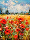 Landscape with a field of flowering red poppies. Oil painting in impressionism style