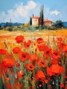 Landscape with a field of flowering red poppies. Oil painting in impressionism style