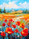 Landscape with a field of flowering red poppies. Oil painting in impressionism style