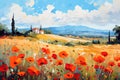 Landscape with a field of flowering red poppies. Oil painting in impressionism style Royalty Free Stock Photo