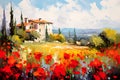 Landscape with a field of flowering red poppies. Oil painting in impressionism style Royalty Free Stock Photo