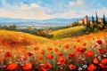 Landscape with a field of flowering red poppies. Oil painting in impressionism style Royalty Free Stock Photo