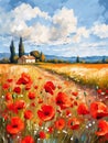 Landscape with a field of flowering red poppies. Oil painting in impressionism style Royalty Free Stock Photo