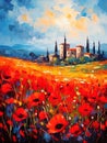 Landscape with a field of flowering red poppies. Oil painting in impressionism style Royalty Free Stock Photo