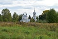 Landscape field of green grass and flowers. Church in the village. Forest trees.Blue sky Royalty Free Stock Photo