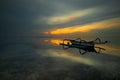 Landscape. Fisherman boat jukung. Traditional fishing boat at the beach during sunrise. Sanur beach, Bali, Indonesia