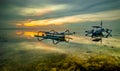 Landscape. Fisherman boats jukung. Traditional fishing boats at the beach during sunrise. Sanur beach, Bali, Indonesia Royalty Free Stock Photo