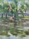 Landscape with a fisherman by the river watercolor background