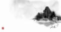 Landscape with fisherman on wooden pier by the misty riverside. Traditional oriental ink painting sumi-e, u-sin, go-hua Royalty Free Stock Photo