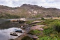 Landscape with fishing boats moored on shore. Galicia Spain. Royalty Free Stock Photo