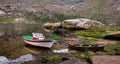 Landscape with fishing boats moored on shore. Galicia Spain. Royalty Free Stock Photo