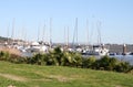 Landscape with fishing boats and yachts off the Tagus River in Portugal Royalty Free Stock Photo