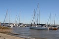 Landscape with fishing boats and yachts off the Tagus River in Portugal Royalty Free Stock Photo