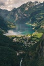 Landscape of fjords scenic adventure water with green range mountains in Geiranger, Norway Royalty Free Stock Photo