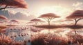 Fantasy landscape with flamingos and lake. 3D illustration.