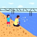 Landscape flat style, boy and girl blow bubbles near the sea where is the bridge Royalty Free Stock Photo