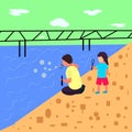 Landscape flat style, boy and girl blow bubbles near the sea where is the bridge Royalty Free Stock Photo