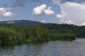 Landscape with floating island, part peat two metre deep with vegetation and animals in Vlasina mountain lake, anchored to shore