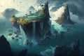 Landscape with floating islands and massive waterfalls, surrounded by a vast ocean illustration generative ai