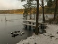 Landscape with flooded lake shore, picnic area covered with ice Royalty Free Stock Photo