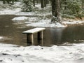 Landscape with flooded lake shore, picnic area covered with ice Royalty Free Stock Photo