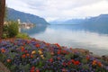 Landscape with flowers and Lake Geneva, Montreux, Switzerland. Royalty Free Stock Photo