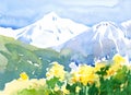 Landscape with Flowers and Mountains Watercolor Nature Illustration Hand Painted