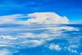 Landscape of fluffy white clouds on a dark blue sky. View from the plane at high altitude Royalty Free Stock Photo