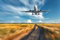 Landscape with flying passenger airplane and blurred blue sky Royalty Free Stock Photo