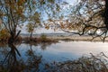 Landscape of foggy morning on the lake. Royalty Free Stock Photo