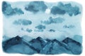 Landscape with foggy mountains, moon, clouds at night. Hand drawn watercolor illustration, paper close up. Design background, Royalty Free Stock Photo