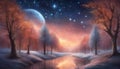 landscape with forest and moon A magical Christmas with a row of trees and a starry sky. The trees are enchanted and alive Royalty Free Stock Photo