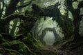 Landscape forest moss foliage tree environment fog nature jungle trunk green