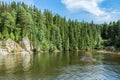 Landscape forest, river and clouds on a blue sky. Russia. The Urals. Khokhlovka