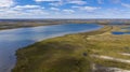 Landscape of the forest-tundra and the sandy river bank, bird`s eye view.Arctic Circle, tunda. Beautiful landscape of tundra fro