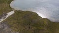 Landscape of the forest-tundra and the sandy river bank, bird`s eye view.Arctic Circle, tunda. Beautiful landscape of tundra fro