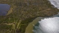 Landscape of the forest-tundra and the sandy river bank, bird`s eye view.Arctic Circle, tunda. Beautiful landscape of tundra fro