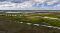 Landscape of the forest-tundra and the sandy river bank, bird`s eye view.Arctic Circle, tunda. Beautiful landscape of tundra fro