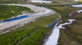 Landscape of the forest-tundra and the sandy river bank, bird`s eye view.Arctic Circle, tunda. Beautiful landscape of tundra fro