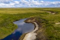 Landscape of the forest-tundra and the sandy river bank, bird`s eye view.Arctic Circle, tunda. Beautiful landscape of tundra fro