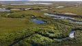 Landscape of the forest-tundra and the sandy river bank, bird`s eye view.Arctic Circle, tunda. Beautiful landscape of tundra fro