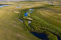 Landscape of the forest-tundra and the sandy river bank, bird`s eye view.Arctic Circle, tunda. Beautiful landscape of tundra fro